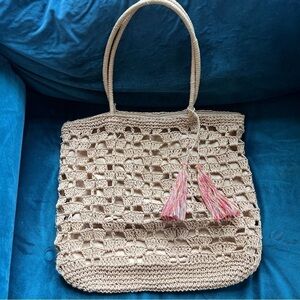 MACRAMÉ RAFFIA NATURAL FIBERS TOTE BEACH BAG LARGE EUC